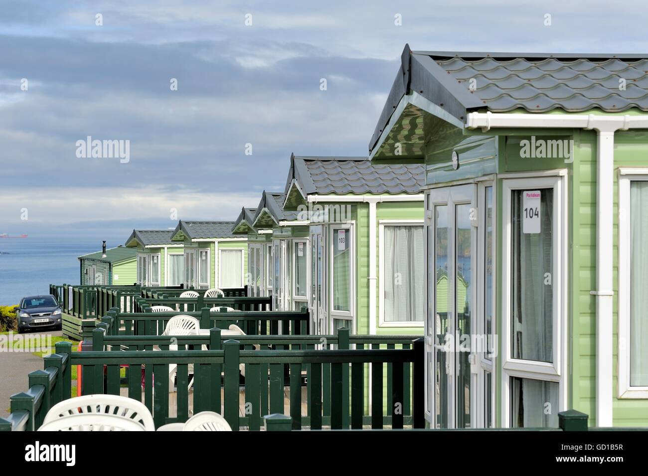 Statische Wohnwagen Urlaub Häuser Meer Hektar Cornwall England UK Stockfoto