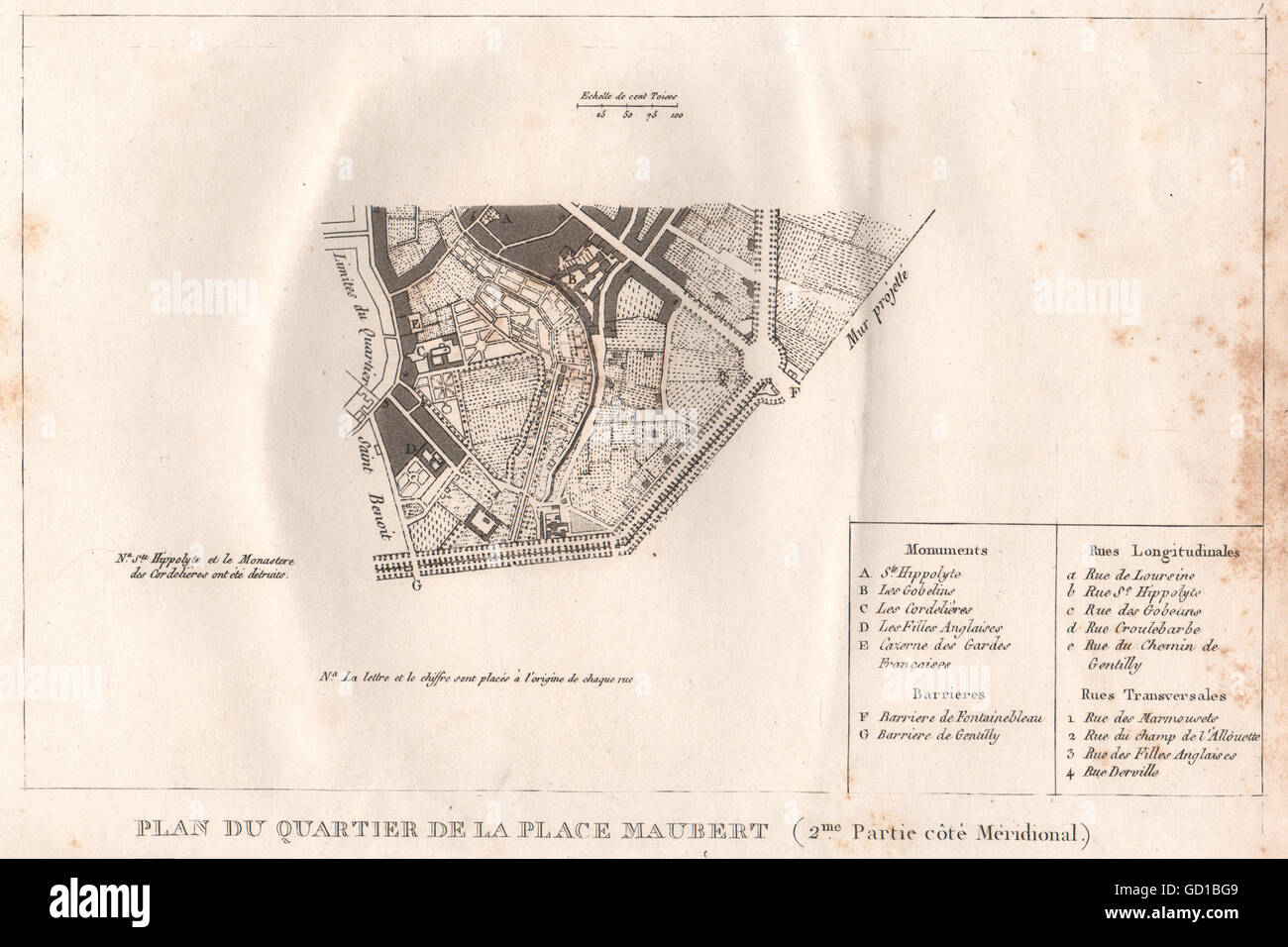 PARIS: "Maubert'(2/sud) zu platzieren. Plan du Quartier.Jardin des Plants.13e, 1808-Karte Stockfoto