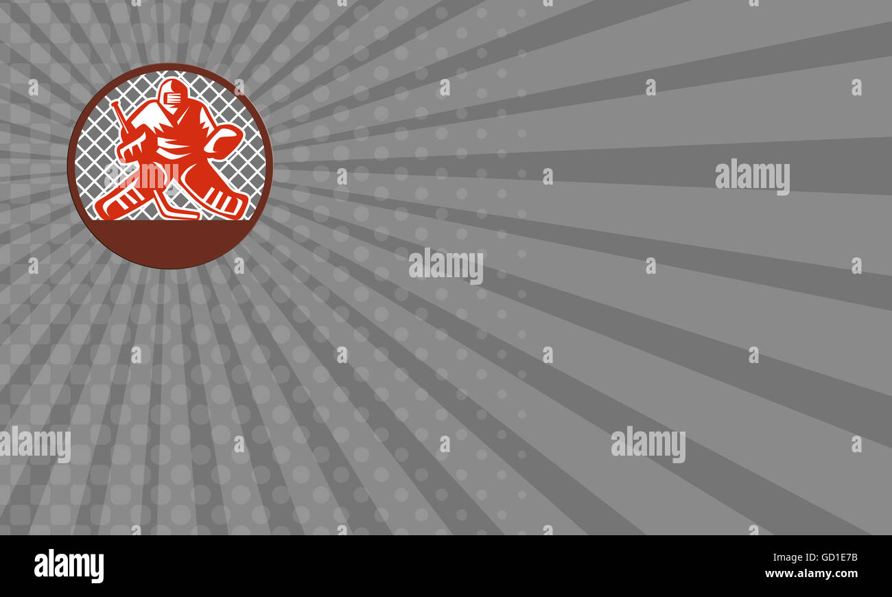 Visitenkarte zeigt Abbildung von einem Eishockey-Torwart Helm holding Hockeyschläger set im inneren Kreis von betrachtet die Stockfoto