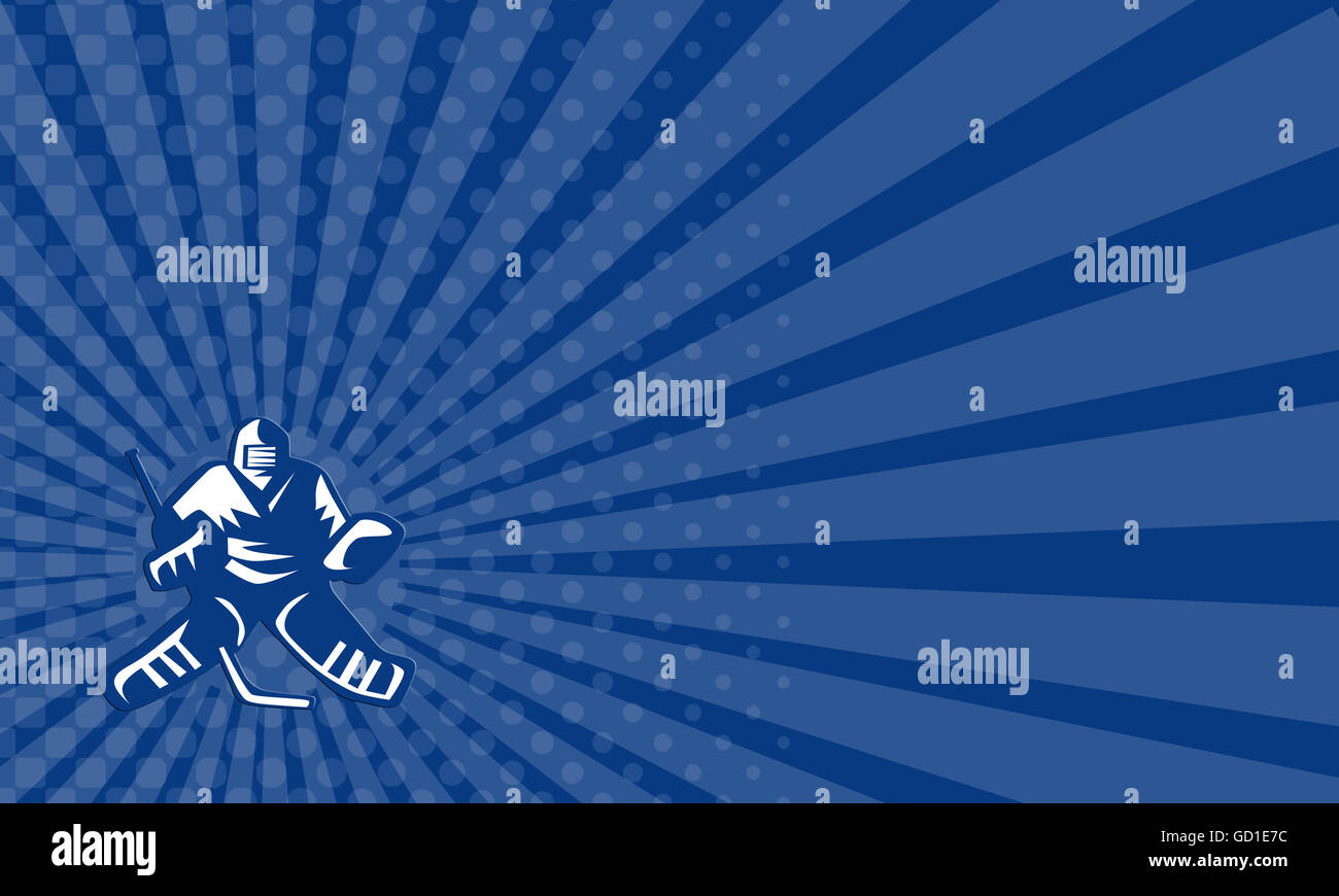 Visitenkarte zeigt Abbildung von einem Eishockey-Torwart mit Helm hält Hockeyschläger von vorne am isoliert betrachtet Stockfoto