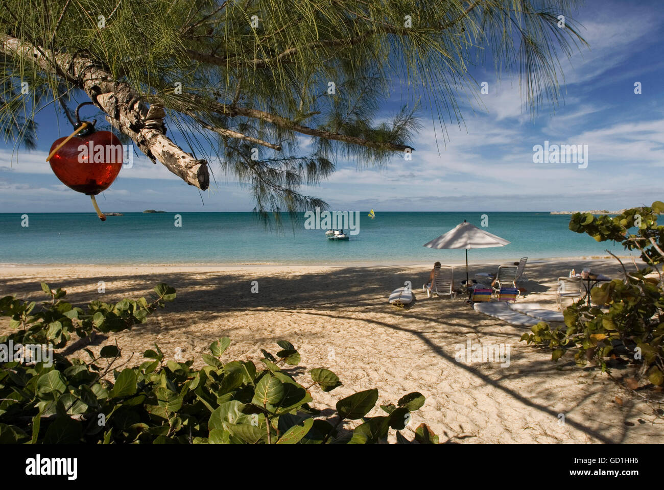 Cat Island, Bahamas. Hotel Fernandez Bay Village Resort. Touristen am Strand entspannen. Herz an einem Baum hängen Stockfoto