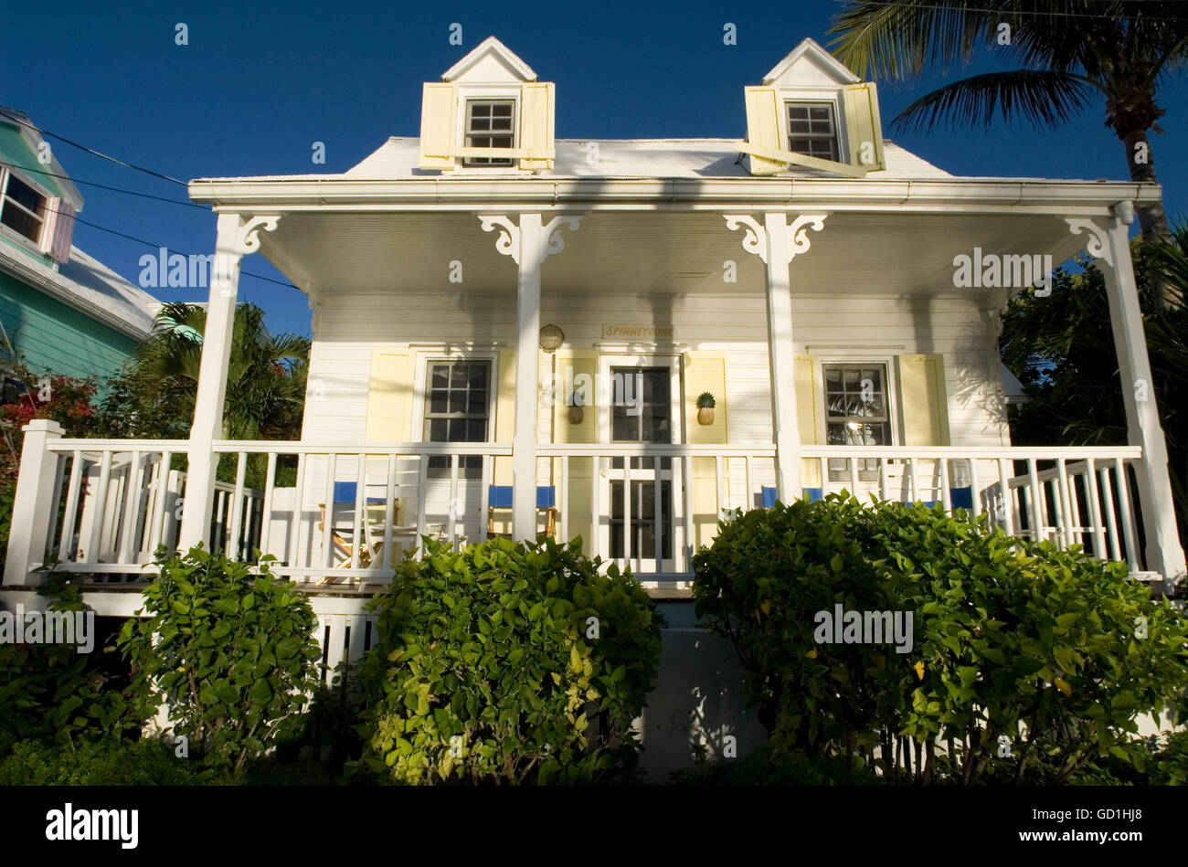 Typische Loyalist Haus, Hope Town, Elbow Cay, Abacos. Bahamas Stockfoto