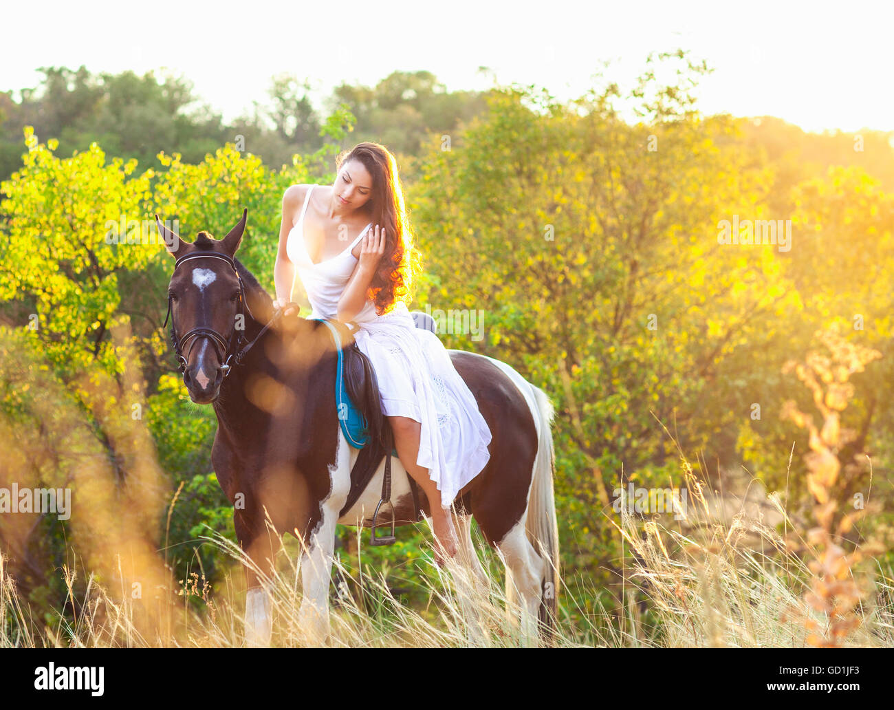 Junge Frau auf einem Pferd bei Sonnenuntergang Stockfoto