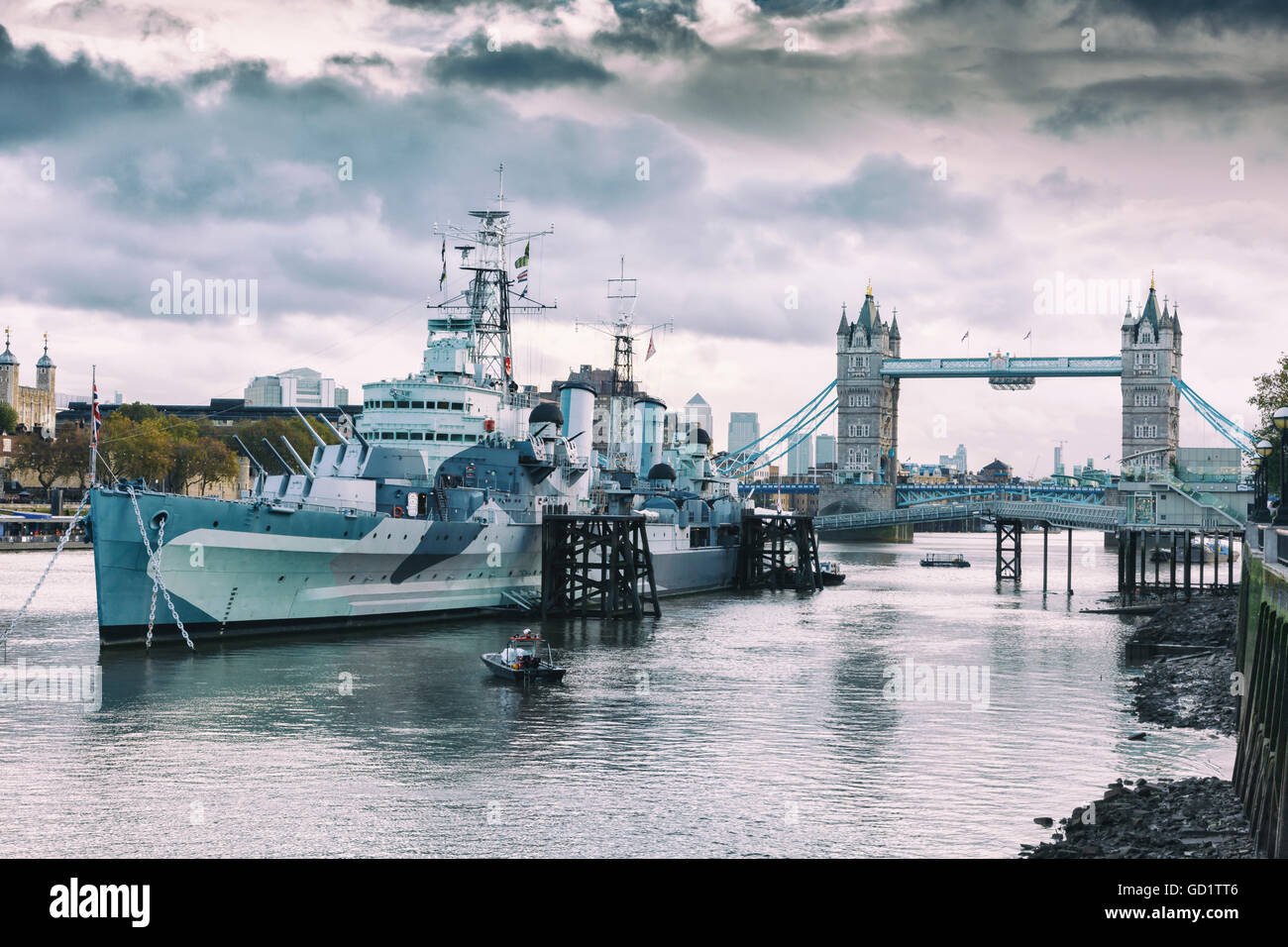 Tower Bridge, HMS Belfast Schiff und Themse. London, Vereinigtes Königreich, Europa Stockfoto