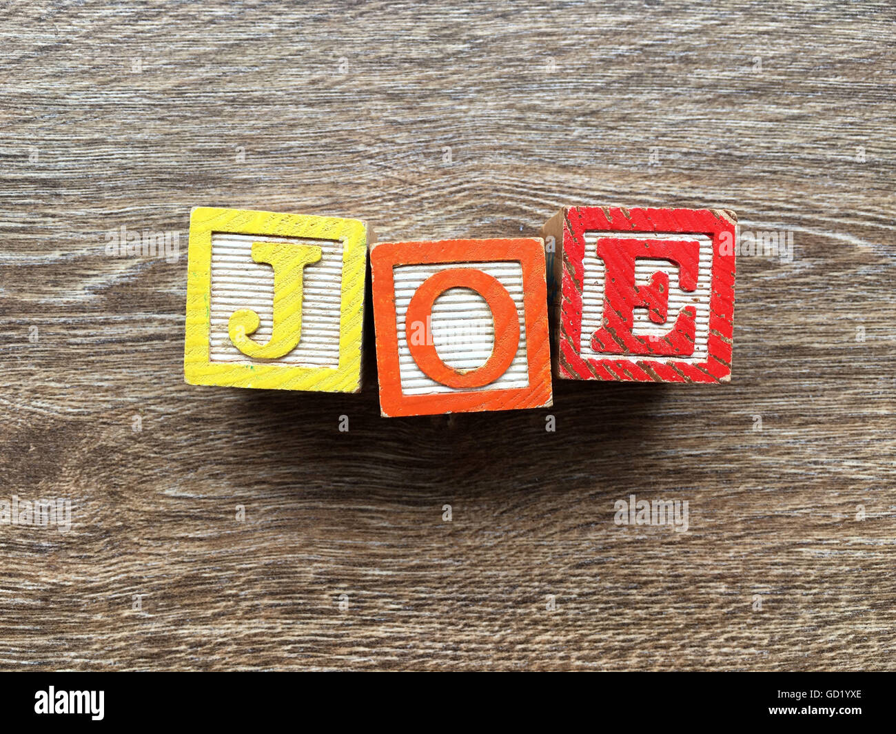 Joe Namen geschrieben mit Holz-Block schreiben Spielzeug Stockfoto