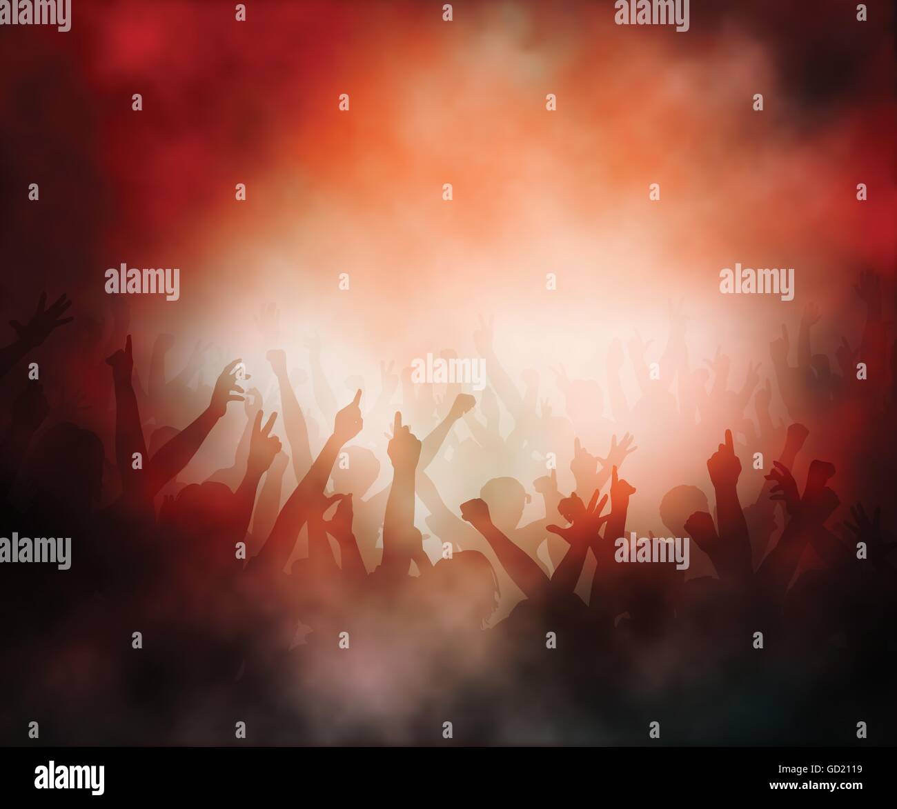 Editierbare Vektor-Illustration von einer Menschenmenge in einer rauchigen Konzertatmosphäre mit Farbverlauf Netze erstellt Stock Vektor