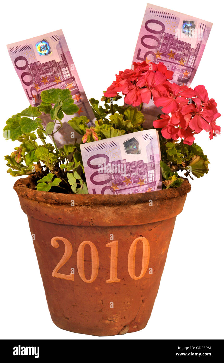 Geld / Finanzen, Euro, Wirtschaftswachstum, Blumentopf mit 500 Euro-Banknoten, Symbolbild, 2010, Zusatzrechte-Clearences-nicht vorhanden Stockfoto