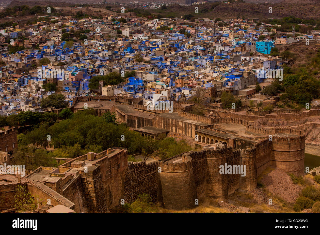 Die Palastmauern des Mehrangarh Fort überragt die blauen Dächer in Jodhpur, die blaue Stadt, Rajasthan, Indien, Asien Stockfoto
