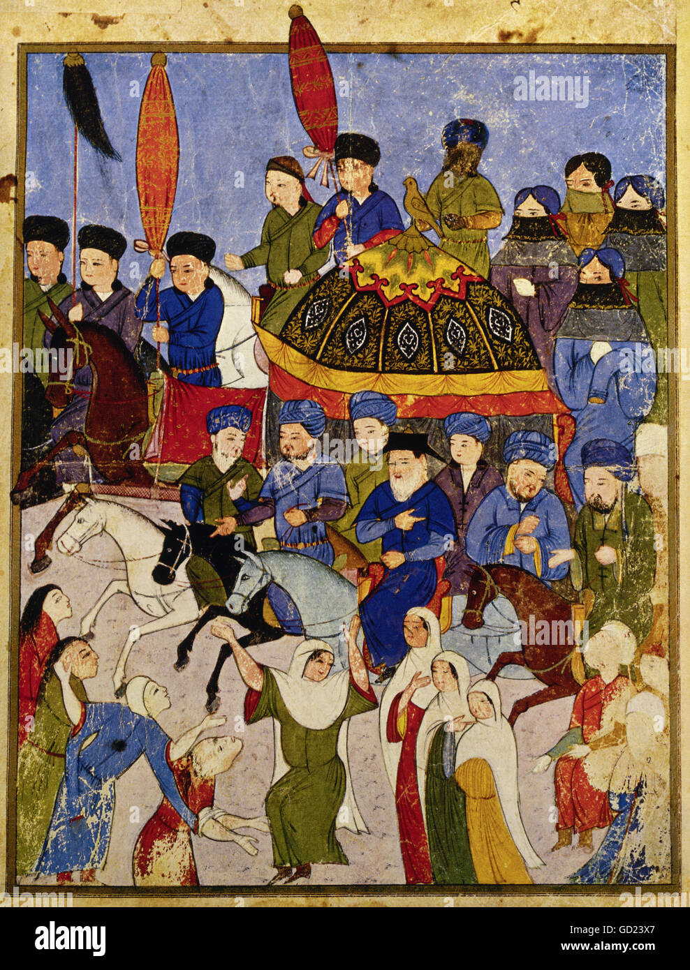 Bildende Kunst, islamische Kunst, Persien, Miniatur, Beerdigung von Ghasan Khan, Dschami al-Tawarich, Herat, circa 1440, Nationalbibliothek, Paris,, Artist's Urheberrecht nicht gelöscht werden Stockfoto