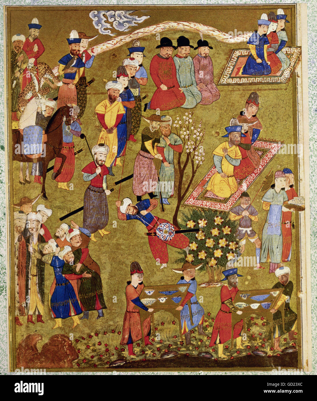 Bildende Kunst, islamische Kunst, Persien, Miniatur, Männer in einem Open-air-feat, Shiraz, circa 1440, Cleveland Museum der Kunst,, Artist's Urheberrecht nicht gelöscht werden Stockfoto