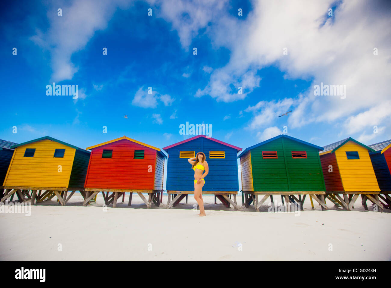 Mädchen im Bikini, bunte Strand Hütten, Muizenberg Beach, Cape Town, Südafrika, Afrika Stockfoto