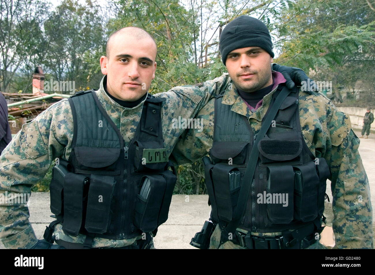2008 Südossetien-Krieg, Geogrische Grenzsoldaten, Tkviavi, nach dem Krieg, Oktober 2008, zusätzliche-Rechte-Clearences-nicht verfügbar Stockfoto