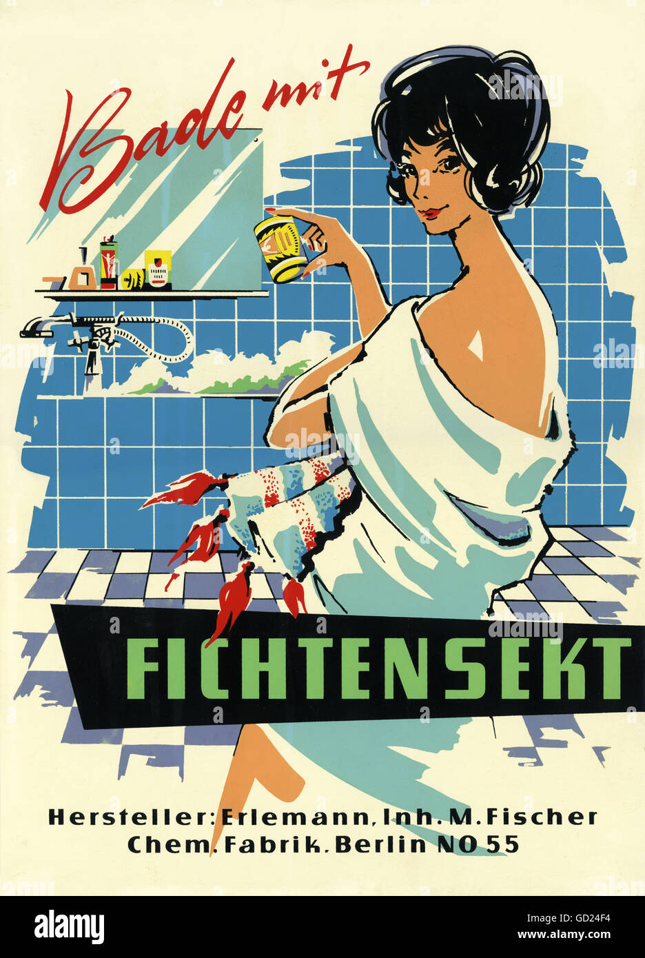 Werbung, Kosmetik, Werbepaneel für Badesalz, 'Bade mit Fichtensekt', Marke: Fichtensekt, hergestellt von: Erlemann, Chemiewerk, Berlin, Ostdeutschland, um 1955, Additional-Rights-Clearences-not available Stockfoto