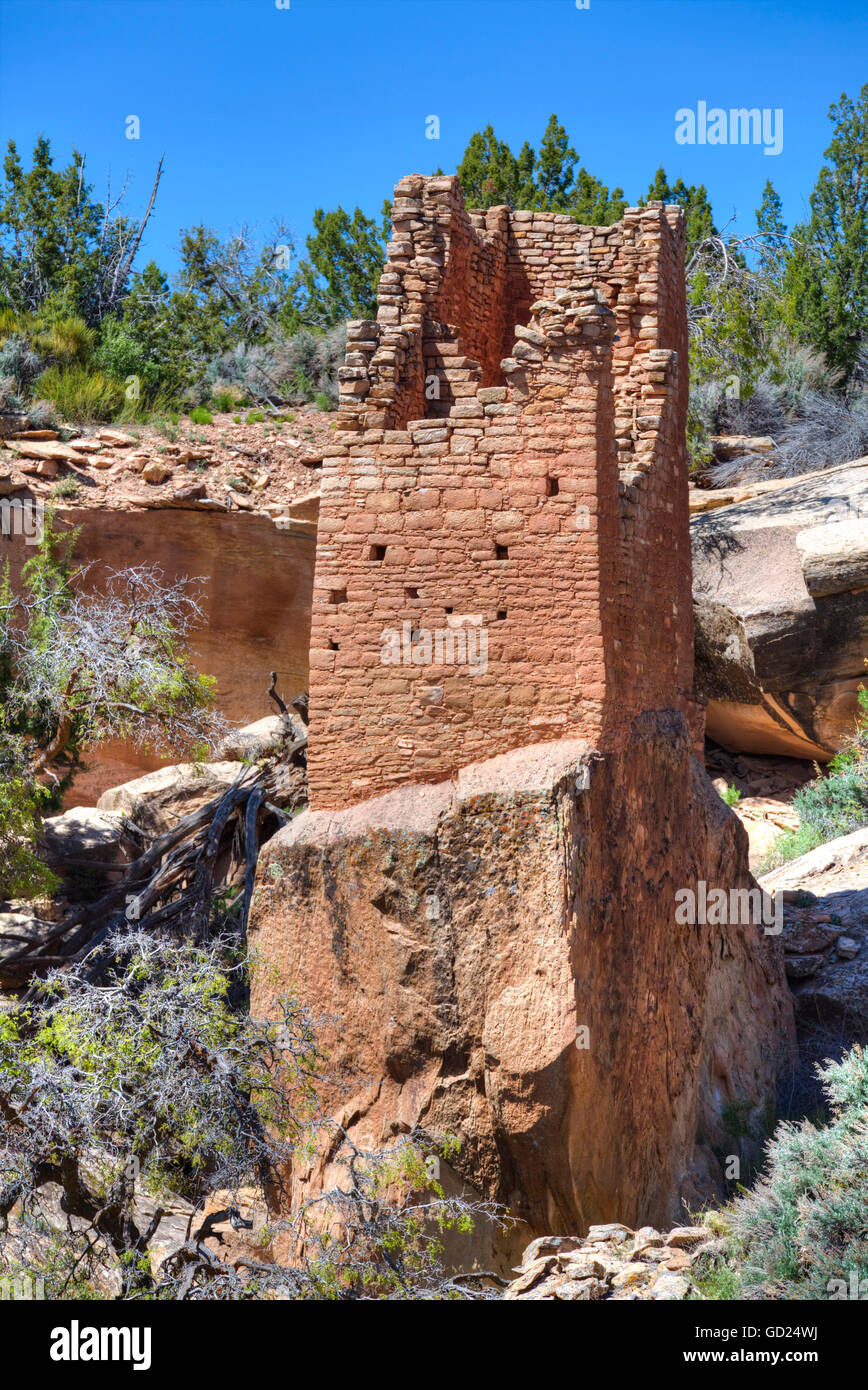 Ruinen der uralten Pueblo, Square Tower, Holly Group, Hovenweep National Monument in Utah Stockfoto