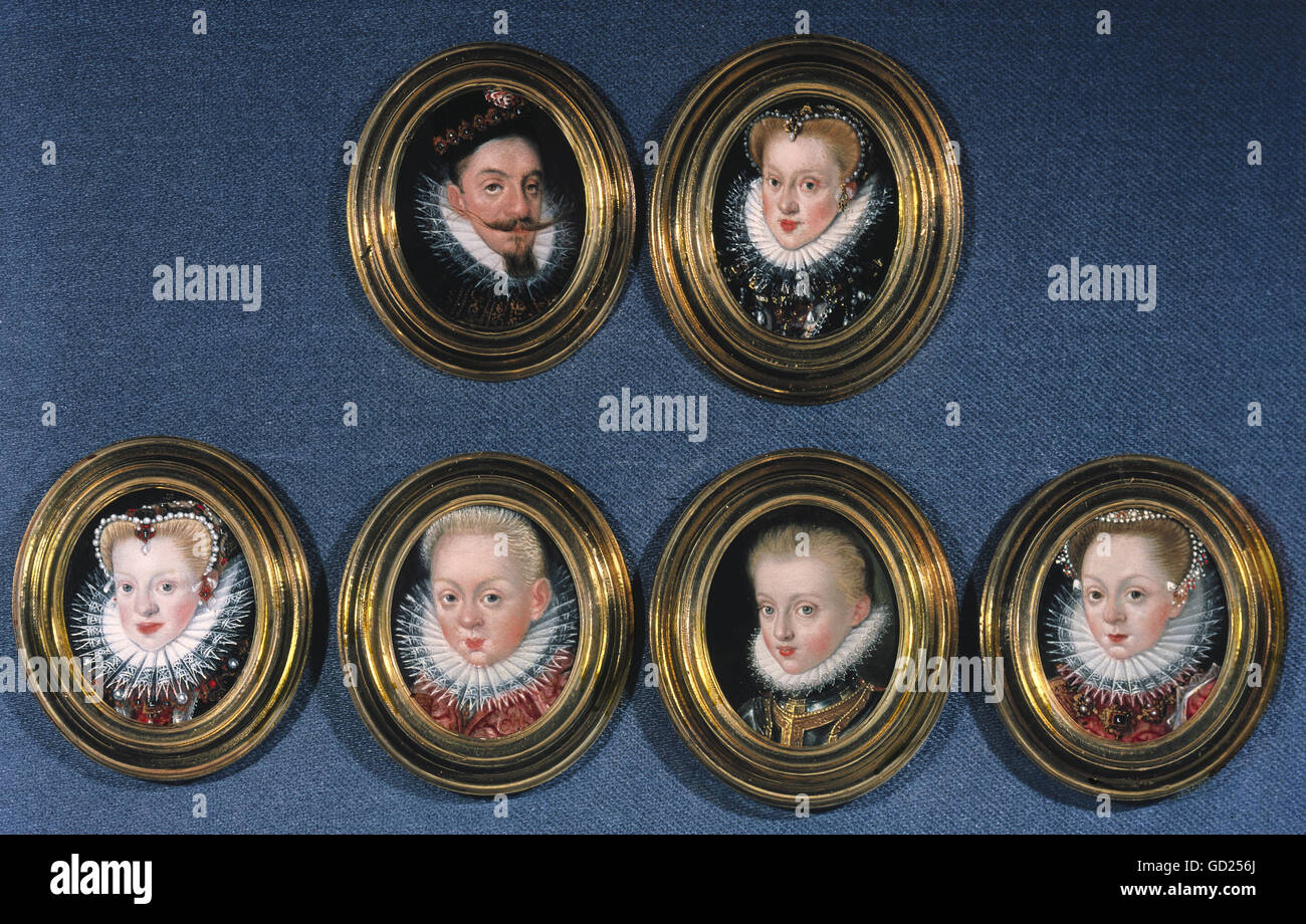 Bildende Kunst, Malerei, Miniatur, Porträts von einer adligen Familie, Anfang des 17. Jahrhunderts, Bayerisches Nationalmuseum, München,, Artist's Urheberrecht nicht gelöscht werden Stockfoto