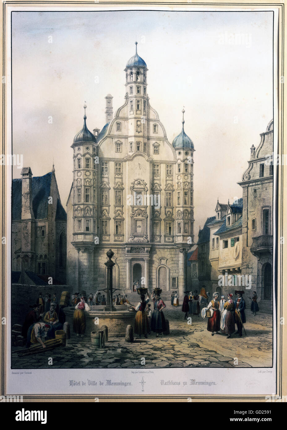 Geographie / Reisen, Deutschland, Memmingen, Gebäude, Rathaus, Außenansicht, Kreidelithographie, Lemercier, Paris, um 1830/1840, Additional-Rights-Clearences-not available Stockfoto