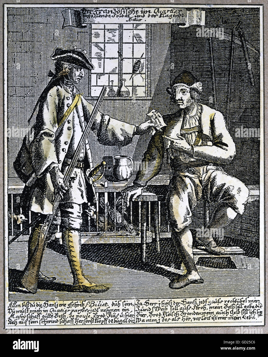 Militär, Frankreich, Armee, Infanterie, französischer Soldat im Quartal mit einem Landwirt, Kupferstich von Elias Bueck, Nürnberg, 2. Hälfte 18. Jahrhundert, private Sammlung, Soldaten, Menschen, Bauer, Kanton, cantonement, Bill, Kasernierung, historische, geschichtliche, künstlerische Urheberrecht nicht gelöscht werden Stockfoto