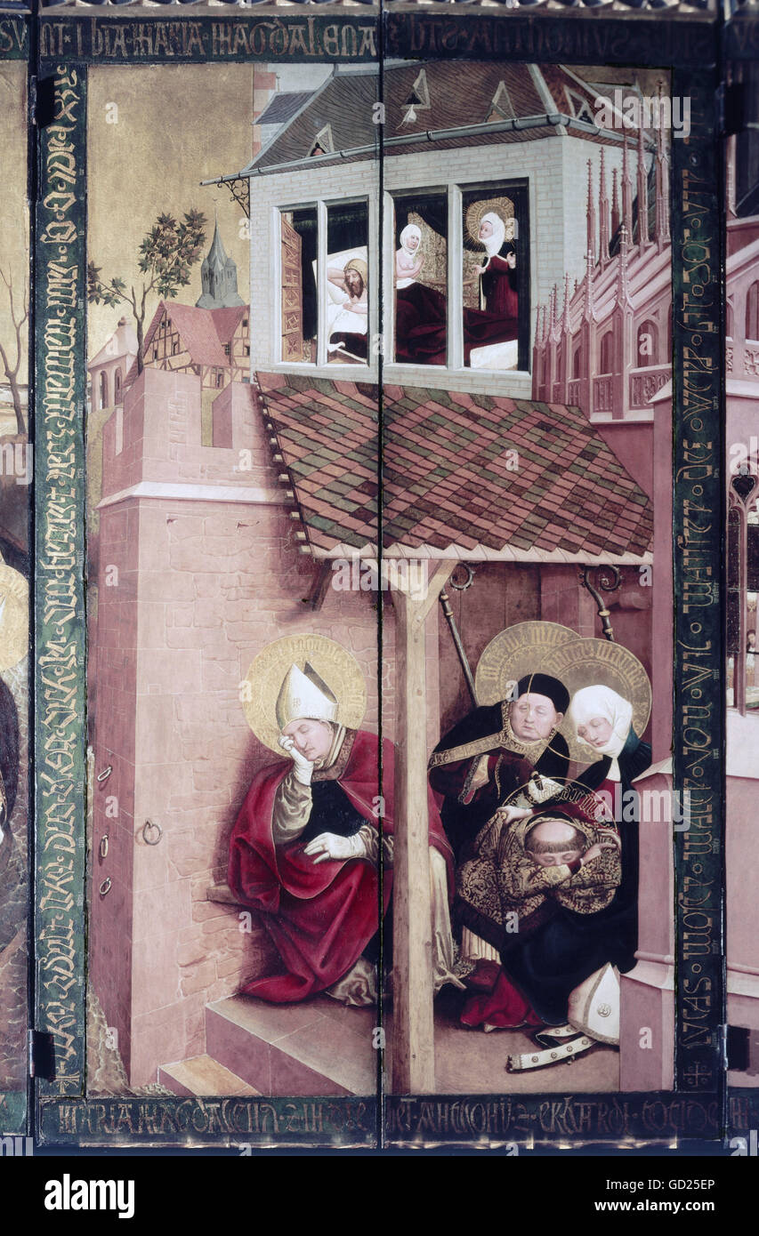 Bildende Kunst, Moser, Lucas (ca. 1390 - 1434), Malerei, "Den schlafenden Heiligen Sidonius, Lazarus, Maximus und Martha nach der Ankunft in Marseille', auf dem Altar der Heiligen Maria Magdalena, Öl auf Holz, 1431, Tiefenbronn Pfarrkirche, Baden-Wuerttemberg, Artist's Urheberrecht nicht gelöscht werden Stockfoto