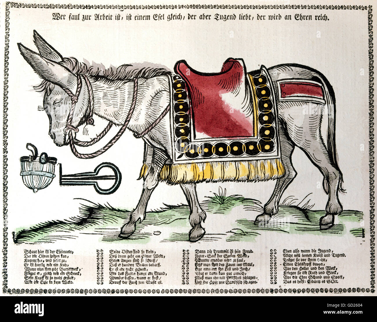 Bildung, Unterrichtsmaterial, didaktisches Bildblattblatt mit der Karikatur eines Esels als Warnung für Schüler, Nürnberg, Deutschland, um 1680, Zusatzrechte-Clearences-nicht vorhanden Stockfoto