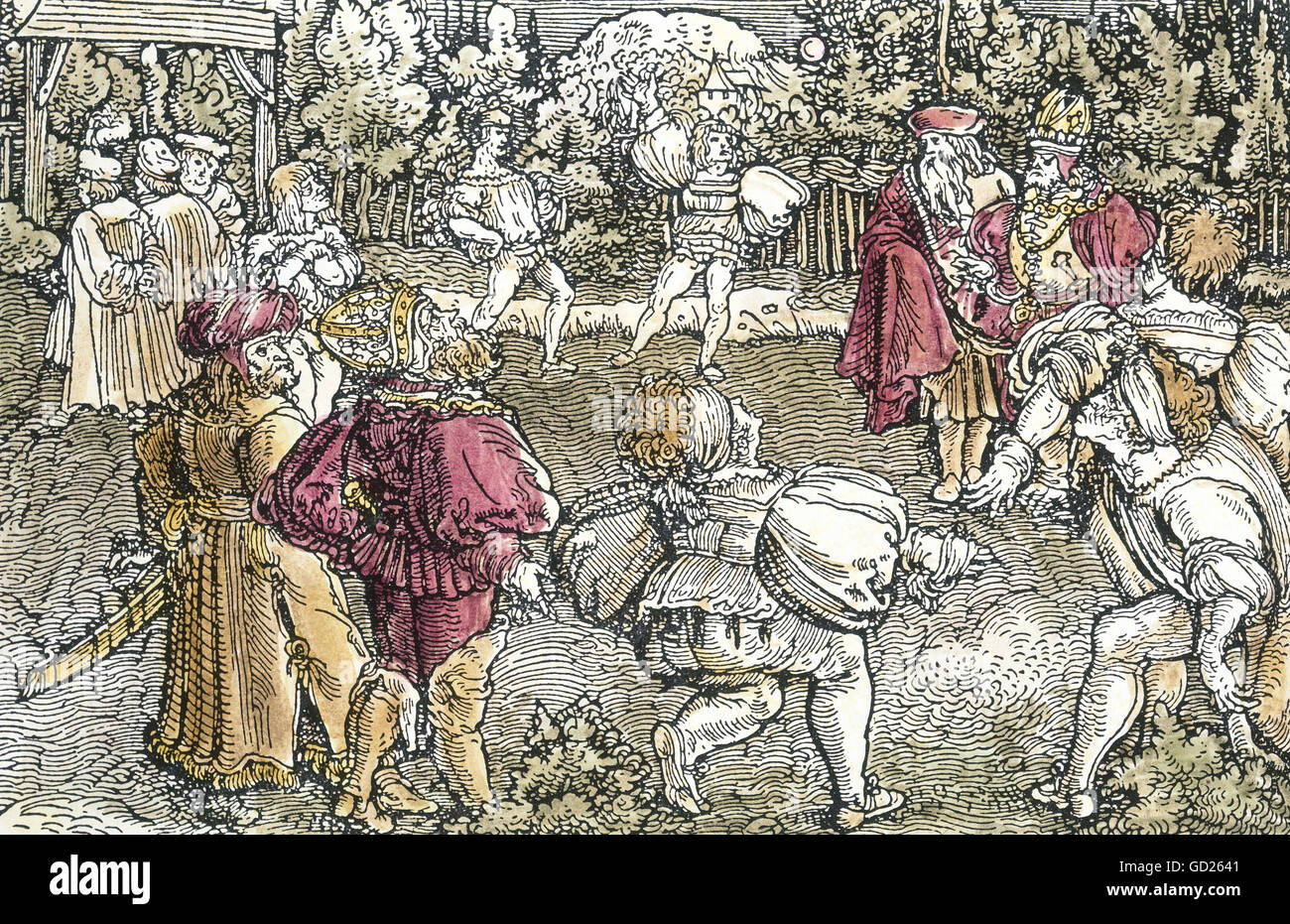 Sport, Ballsport, Ballwerfen, Dionysos, Tyrann von Gela, Kaiser Augustus,  Augur Mucius Scaevola und Marc Aurel beim Spielen, von 'De remediis  utriusque fortunae', Petrarca Master, 1532-1620,  Additional-Rights-Clearences-not available Stockfotografie 