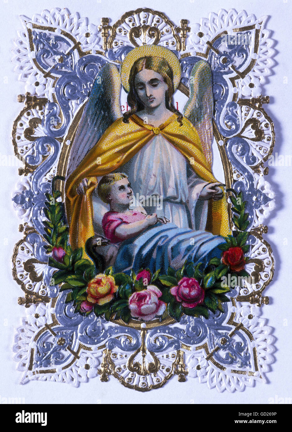 Religion, Christentum, Engel, Andachtsbild, Schutzengel mit Kind, Chromolithographie, Goldprägung, um 1890, Zusatz-Rechte-Clearenzen-nicht vorhanden Stockfoto