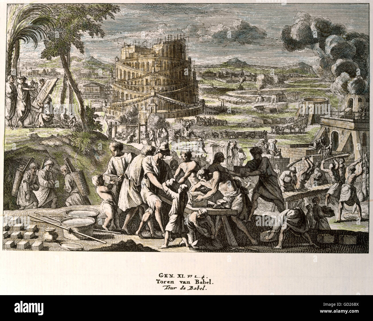Religion, biblische Szenen, Gebäude, den Turm von Babel, farbige Kupferstich von Jan Goeree, Amsterdam, 1730, Artist's Urheberrecht nicht gelöscht werden Stockfoto