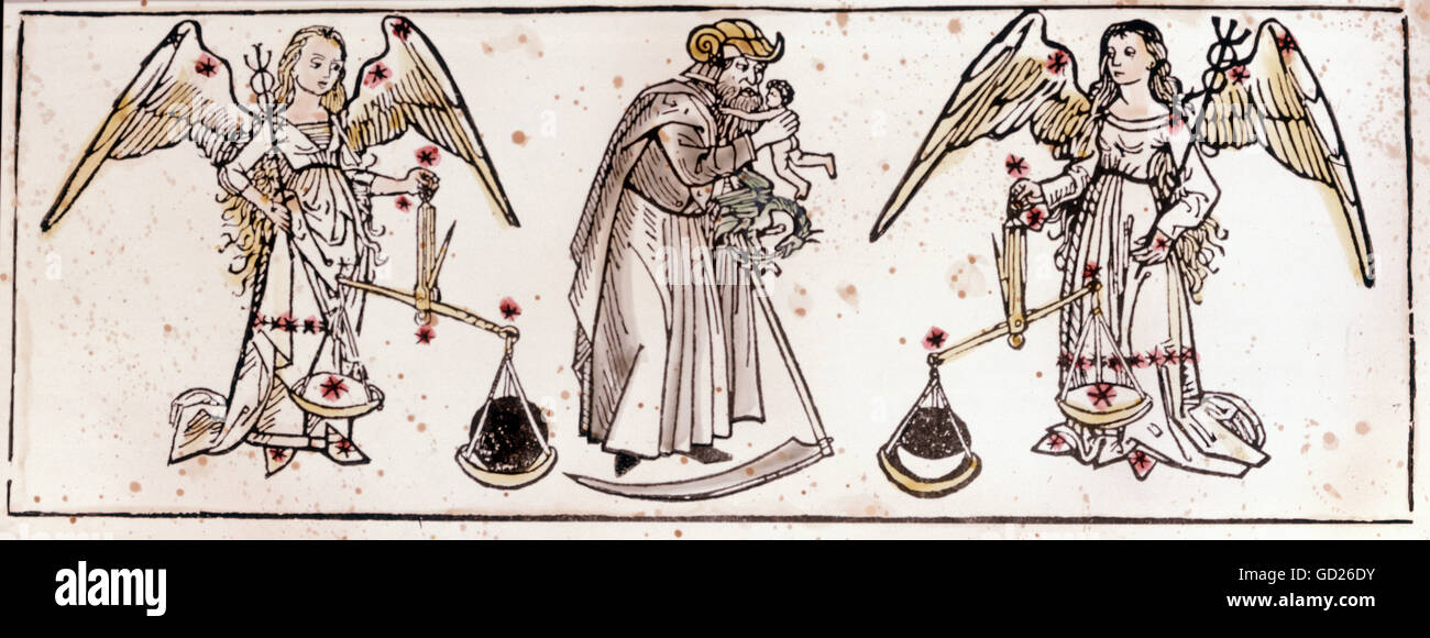 Astrologie, Sternzeichen, Waage, Saturn flankiert zwei Engel, Sterne, Sonne  und Mond in einer Skala Pan, aus einem Kalender, 1494,  Zusatzrechte-Clearenzen-nicht vorhanden Stockfotografie - Alamy
