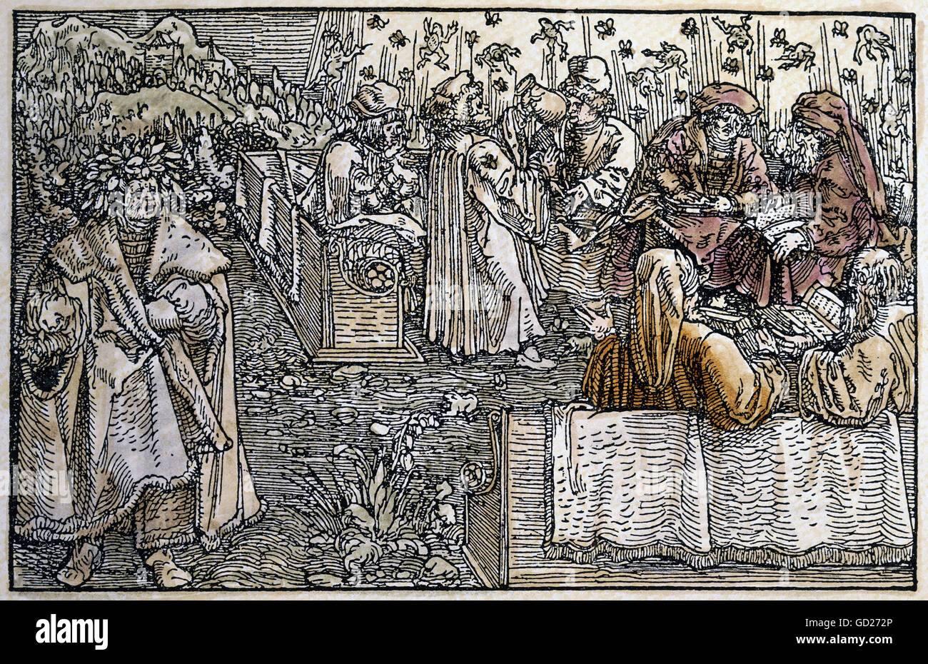 Mittelalter, Allegorien, Einbildung und Eitelkeit, Meister der sieben freien Künste, werden von Fröschen und Gadgets beunruhigend, die Arroganz, auf der linken Seite: Petrarca mit Lorbeerkranz, Selbstlob, Farbholzschnitt von Petrarca Master (1532 - 1620) zu 'von der Artzney Baider Glueck' (De remediis utriusque fortunae 1344/1366), von Francesco Petrarca (1304-1374), , Zusatzrechte-Clearenzen-nicht verfügbar Stockfoto