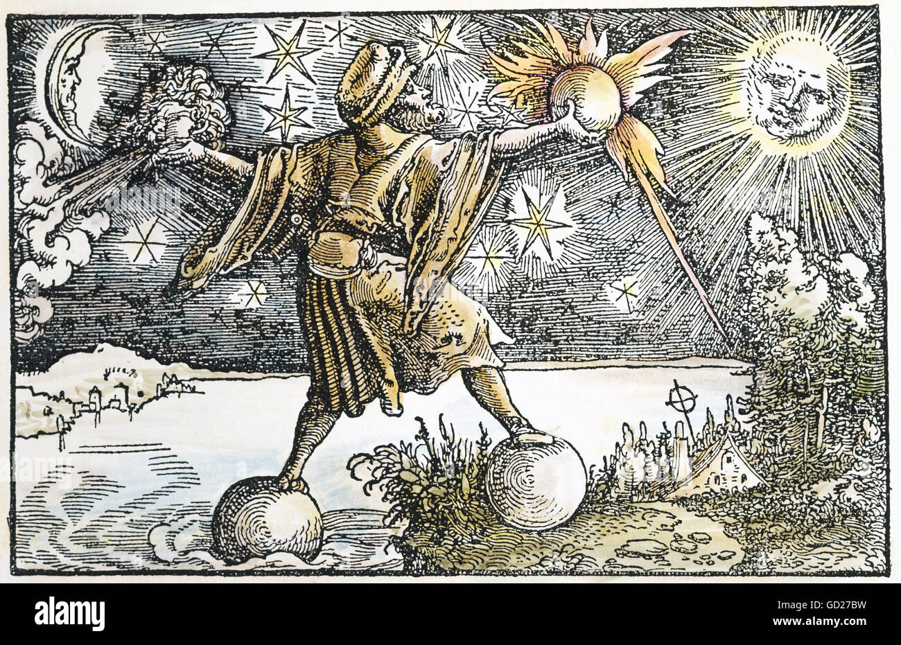 Allegorien, 'über die glückselige Gesundheit', Gleichgewicht des menschlichen körperlichen Wohlergehens, symbolisiert durch die Elemente Luft, Feuer, Wasser und Erde, Farbholzschnitt von Petrarca Master (1532 - 1620) bis 'von der Artzney Baider Glueck' (De remediis utriusque fortunae 1344/1366), von Francesco Petrarca (1304-1374), , Zusatzrechte-Clearenzen-nicht verfügbar Stockfoto