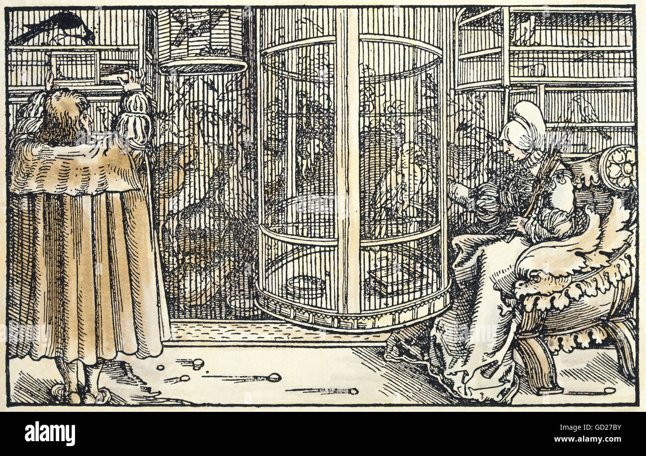 Allegorien, 'über Vögel, die reden und singen', Freude und Rationalität, symbolisiert durch schöne Innenräume mit Vogelkäfigen und Volieren, Farbholzschnitt von Petrarca Master (1532 - 1620) bis 'von der Artzney Baider Glueck' (De remediis utriusque fortunae 1344/1366), von Francesco Petrarca (1304-1374), , Zusatzrechte-Clearenzen-nicht verfügbar Stockfoto