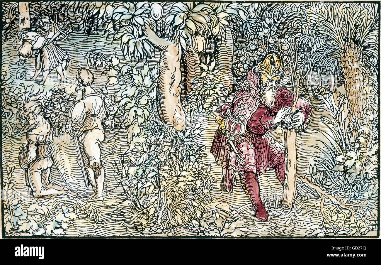Allegorien, 'über Gewürzgärten', Tod von Parmenion und Cicero, und Kaiser Tiberius in seinem Garten auf Capri, pessimistische Szenen von Gärten, Farbholzschnitt von Petrarca Master (1532 - 1620) zu 'von der Artzney bayder Glueck' (De remediis utriusque fortunae 1344/1366), von Francesco Petrarca (1304-1374), , zusätzliche-Rechte-Clearenzen-nicht verfügbar Stockfoto
