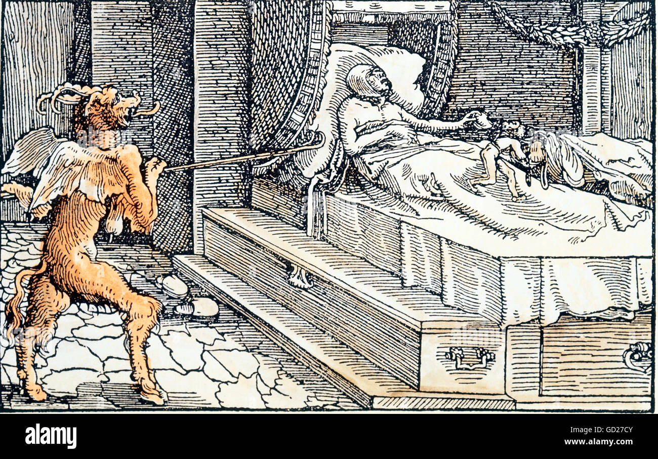 Allegorien, 'über Unruhe der Träume', reiche Frau schläft auf Truhen und träumt von einem Unheil, der ihren Goldschatz raubt, während der Teufel ihre Seele nimmt, farbiger Holzschnitt von Petrarca Master (1532 - 1620) zu 'von der Artzney bayder Glueck' (De remediis utriusque fortunae 1344/1366), Von Francesco Petrarca (1304-1374), , zusätzliche-Rechte-Clearences-not available Stockfoto