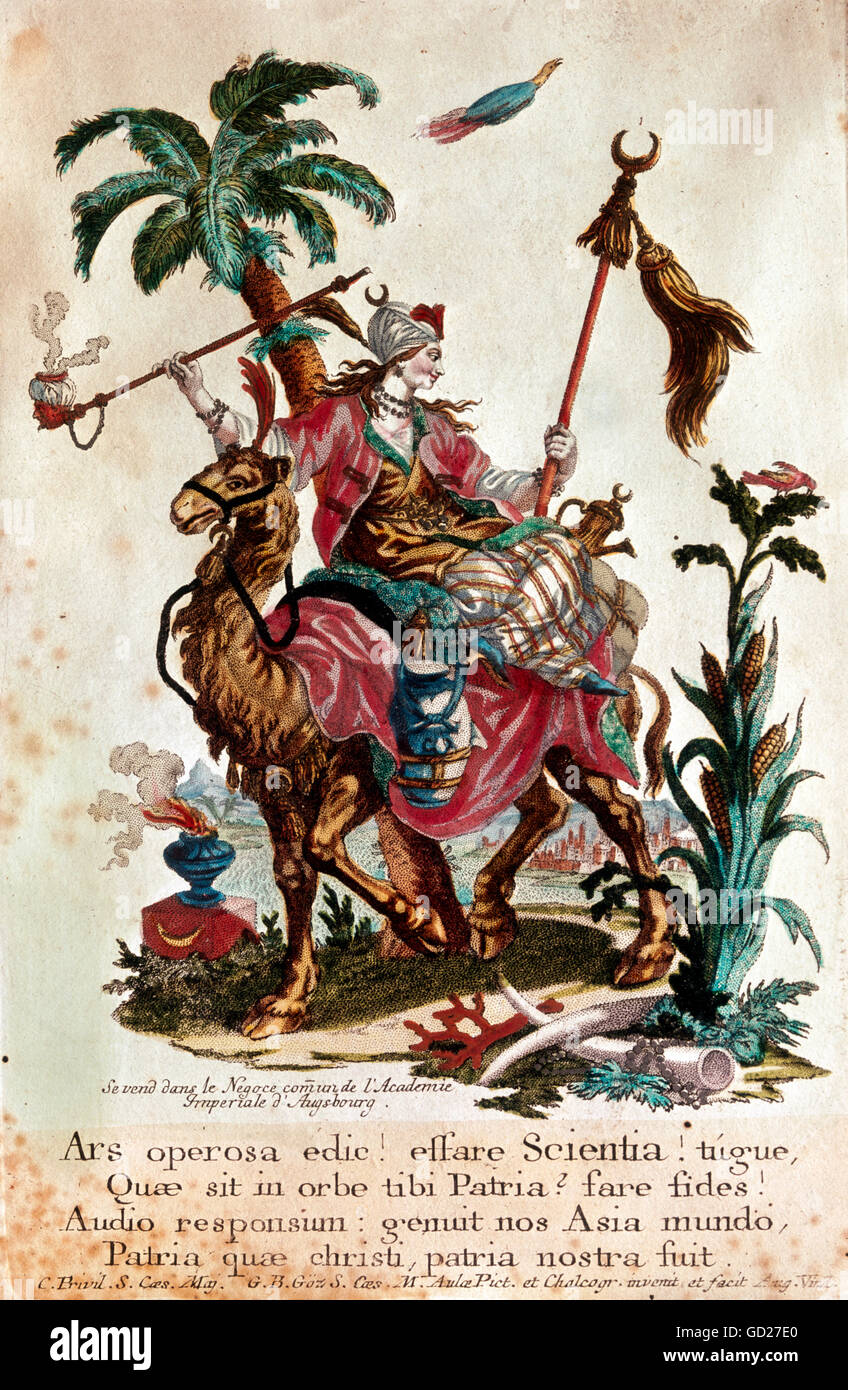 Allegorie, Kontinent Asien, weiblichen Kameltreiber mit Rauchen Pfeife, farbig, Augsburg, Deutschland, 18. Jahrhundert, private Sammlung historischer, historischen, Allegorien, Frau, Frauen, Kamel, Kamele, Reiter, Reiter, Palmen, Palmen, Palmen, Palmen, Osten, Orient, dem Nahen Osten, Orientalisch, Verklärung, Halbmond, Crescent, Sichel des Mondes, Spangen, Symbol, Symbole, Personen, Artist's Urheberrecht nicht geklärt zu werden. Stockfoto