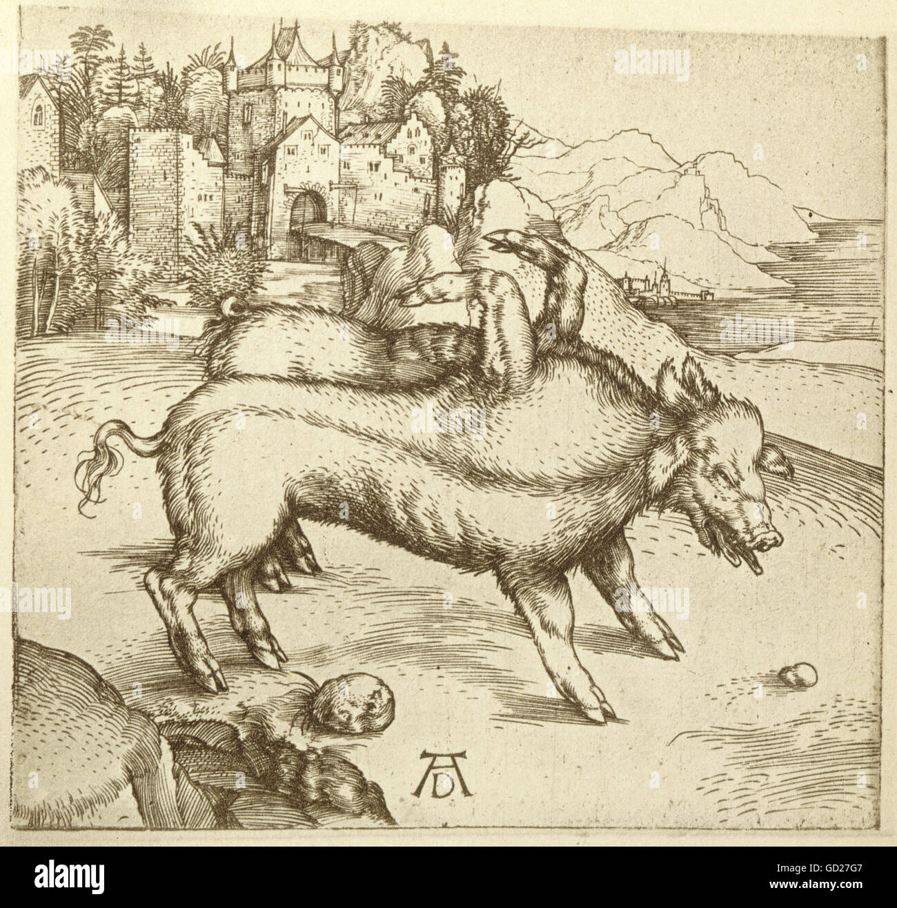Bildende Kunst, Dürer, Albrecht, (1472-1528), "Die miracolous Aussaat der Landser", ca. 1496, Kupferstich, 12,1 x 12,7 cm, Privatsammlung, Artist's Urheberrecht nicht geklärt zu werden. Stockfoto