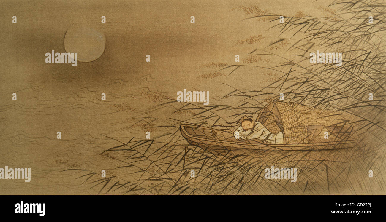 Bildende Kunst, Malerei, "Fischer schlafend in seinem Boot", Malerei auf Seide, von Tai Wen Kinn, China, ca. 1446, Privatsammlung, Artist's Urheberrecht nicht geklärt zu werden. Stockfoto