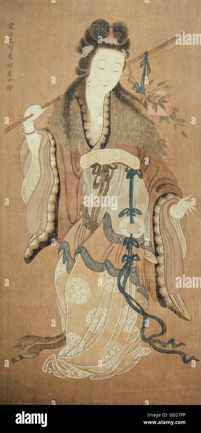 Bildende Kunst, Malerei, Hsi Wang Mu (Xi Wang Mu), Chinesische Göttin, "Königin Mutter des Westens", blättern Sie Malerei, Tusche auf Seide, Ming Dynastie (1368 - 1644), 158,5 x 79 cm, Privatsammlung, Artist's Urheberrecht nicht gelöscht werden Stockfoto
