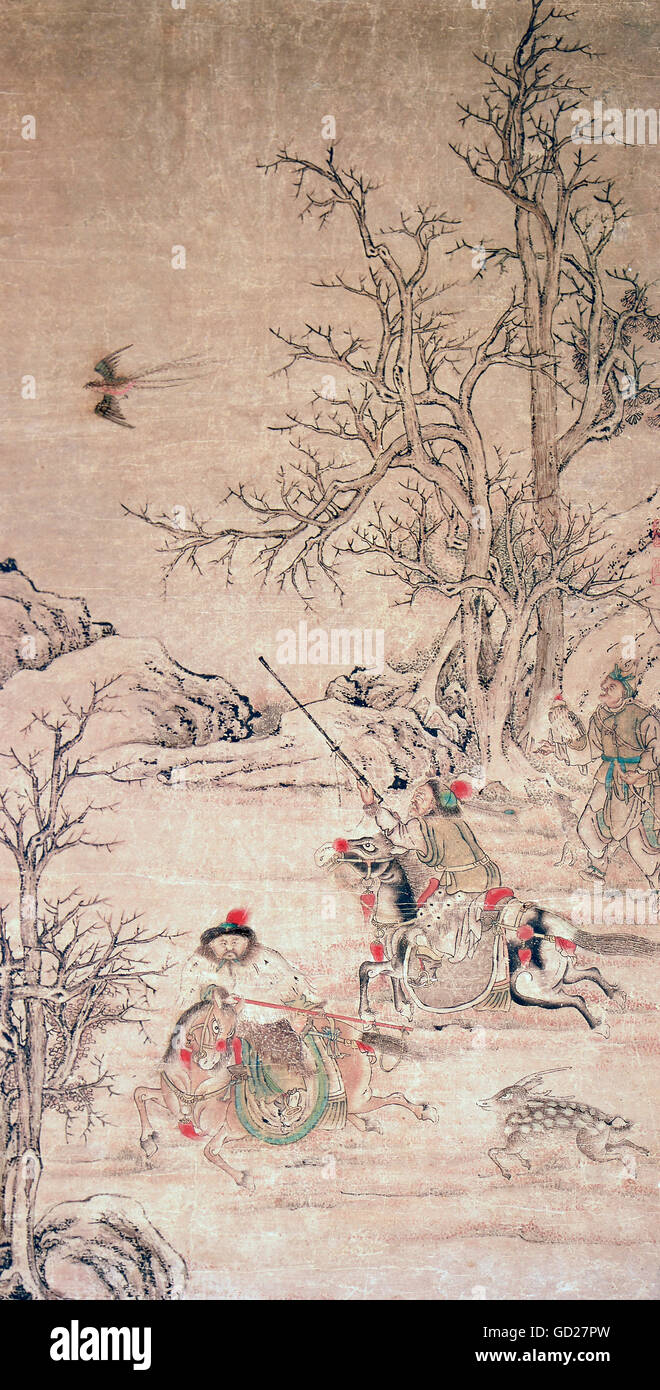 Bildende Kunst, Malerei, 'Falconer, Fasan und damwild Jagen", Malerei auf Seide, China, ca. 1650, Deutsches Jagd- und Fischereimuseum, München, Artist's Urheberrecht nicht gelöscht werden Stockfoto