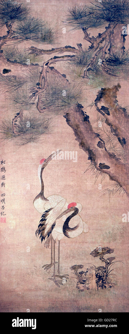 Bildende Kunst, Malerei, zwei Kräne mit dem roten Punkt des divineness auf ihren Kopf unter Kiefern neben dem Pilz der Unsterblichkeit, von Lu Ji (1496-1576), Tusche und Farbe auf Seide, 134 x 56 cm, China, ca. 1520, Privatsammlung, Artist's Urheberrecht nicht gelöscht werden Stockfoto