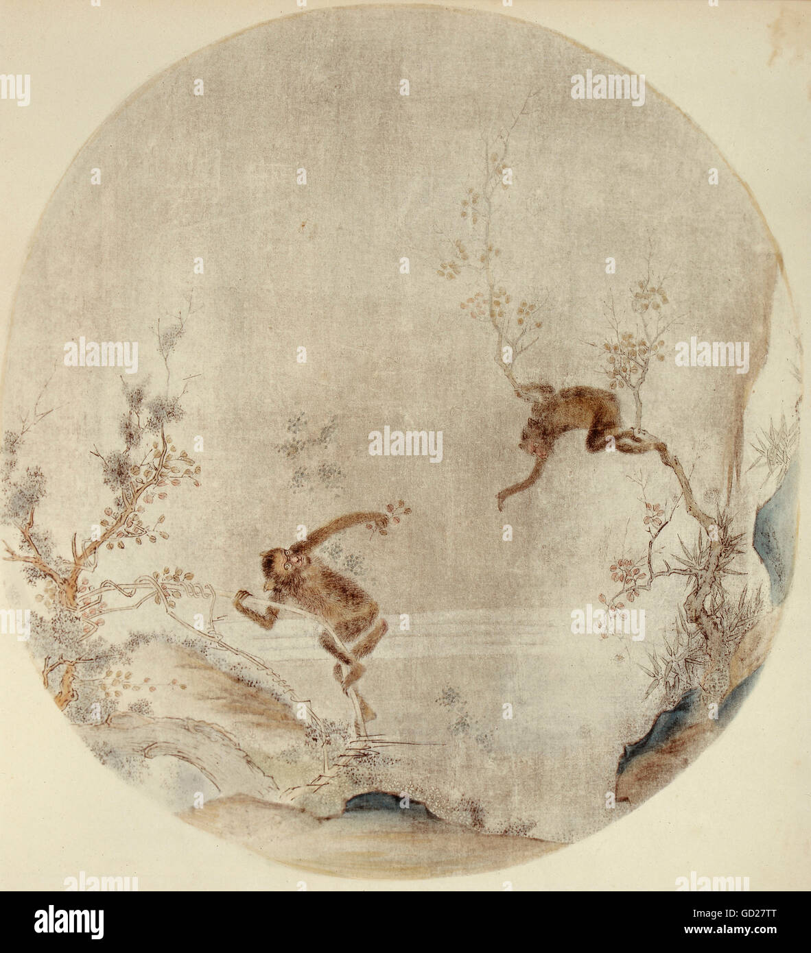 Bildende Kunst, Drucken, China, zwei Affen an einem Wasserfall, Farbholzschnitt, Blatt von einem Ventilator, Yih Yuan Kyih, Song Dynastie (960 - 1127), National Museum, Taipei, Artist's Urheberrecht nicht gelöscht werden Stockfoto