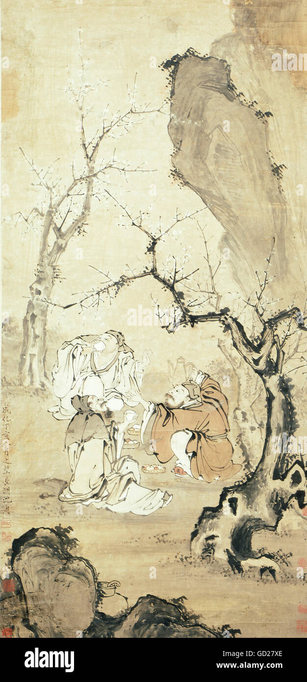Bildende Kunst, Shen Zhou (1427 - 1509), Malerei, drei Männer, ein Picknick unter blühende Pflaumenbäume, blättern Sie Malerei, Tusche und Farbe auf Seide, 124 x 59 cm, 1467, Privatsammlung, Artist's Urheberrecht nicht gelöscht werden Stockfoto
