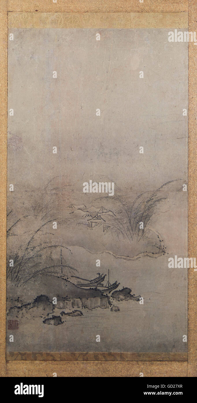 Bildende Kunst, Seidenmalerei, 'Lakeshore Landschaft mit Bambus Sträucher und Häuser", Wen-Chin, Tusche auf Seide, 122 x 68 cm, erste Hälfte des 15. Jahrhunderts, Sammlung Preetorius, München, Artist's Urheberrecht nicht geklärt zu werden. Stockfoto