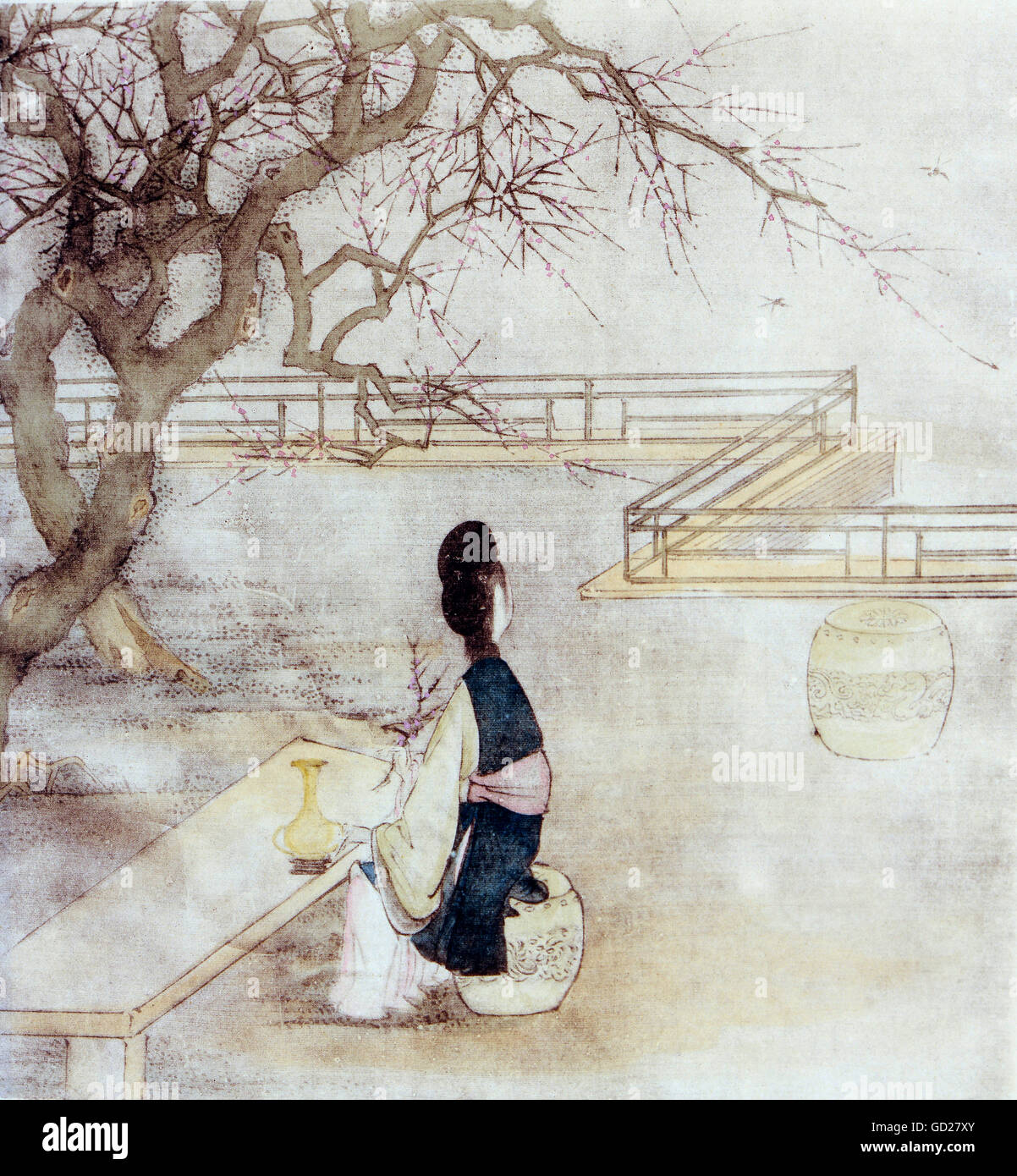 Bildende Kunst, Seidenmalerei, Dame mit blühenden Mandelbaum Zweig sitzen auf einer Terrasse in einem Park, Tusche und Aquarell auf Seide, unbekannter Künstler, China, Yuan Dynastie (1279 - 1368), National Museum, Taipei, Artist's Urheberrecht nicht gelöscht werden Stockfoto