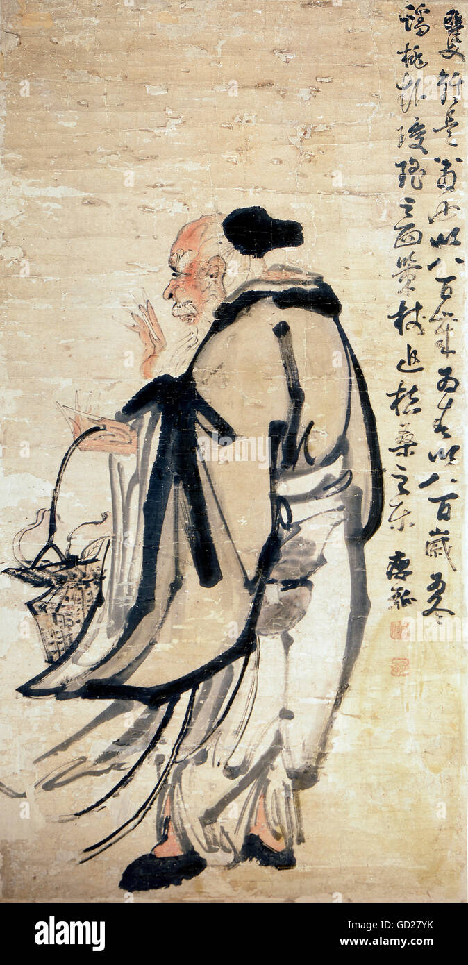 Bildende Kunst, China, Malerei "alten Gelehrten mit Korb', Tusche auf Papier, 134 x 70 cm, Unbekannt, Master, 17./18. Jahrhundert, private Sammlung zu blättern, Artist's Urheberrecht nicht gelöscht werden Stockfoto