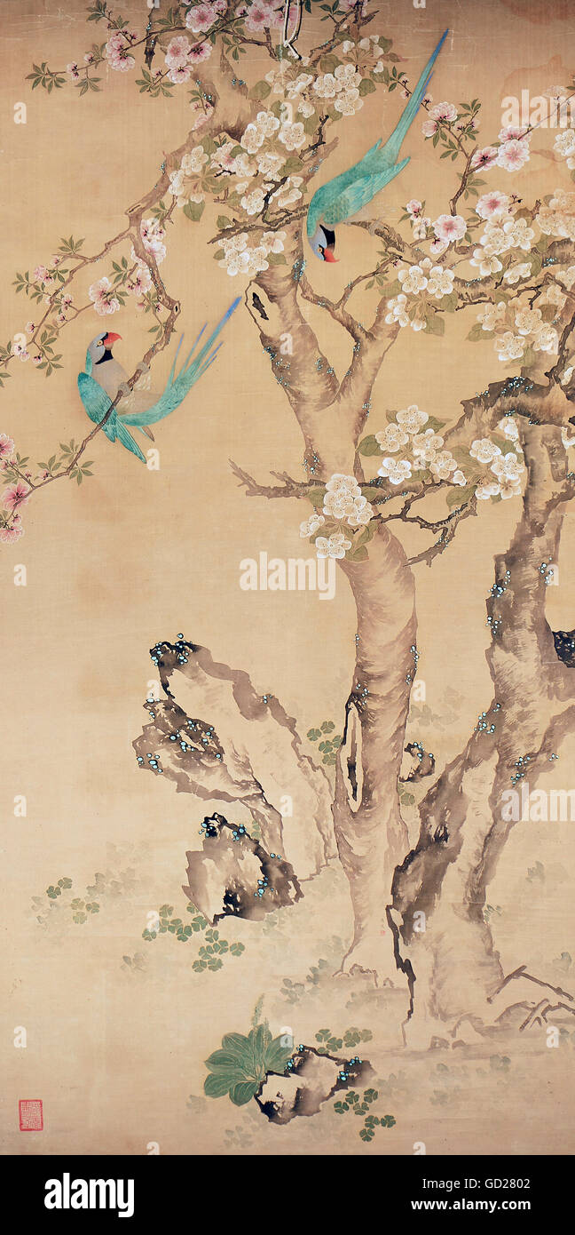 Bildende Kunst, China, blättern Malerei", zwei Papageien an einem blühenden Peach Tree', von der Ma-I, natürliche Farbe auf Seide, Ming Dynastie (1368 - 1644), 165,5 x 79,5 cm, Privatsammlung, Artist's Urheberrecht nicht gelöscht werden Stockfoto