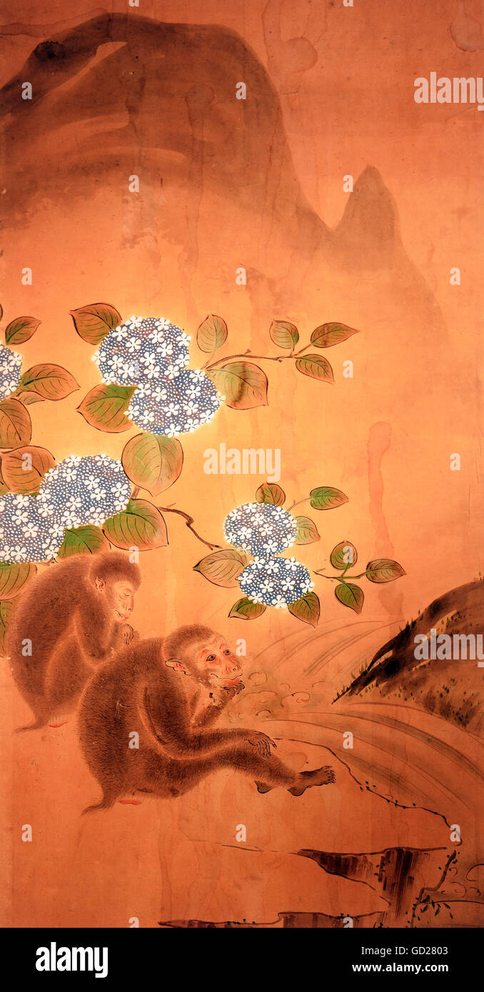 Bildende Kunst, China, Seidenmalerei, zwei Affen an einem Wasserfall vor einem blühenden Viburnum Bush, Teil einer Folding Screen, circa 1820, Schwäbische Textile Museum, Sandtner Stiftung, Mindelheim, Deutschland, Artist's Urheberrecht nicht geklärt zu werden. Stockfoto