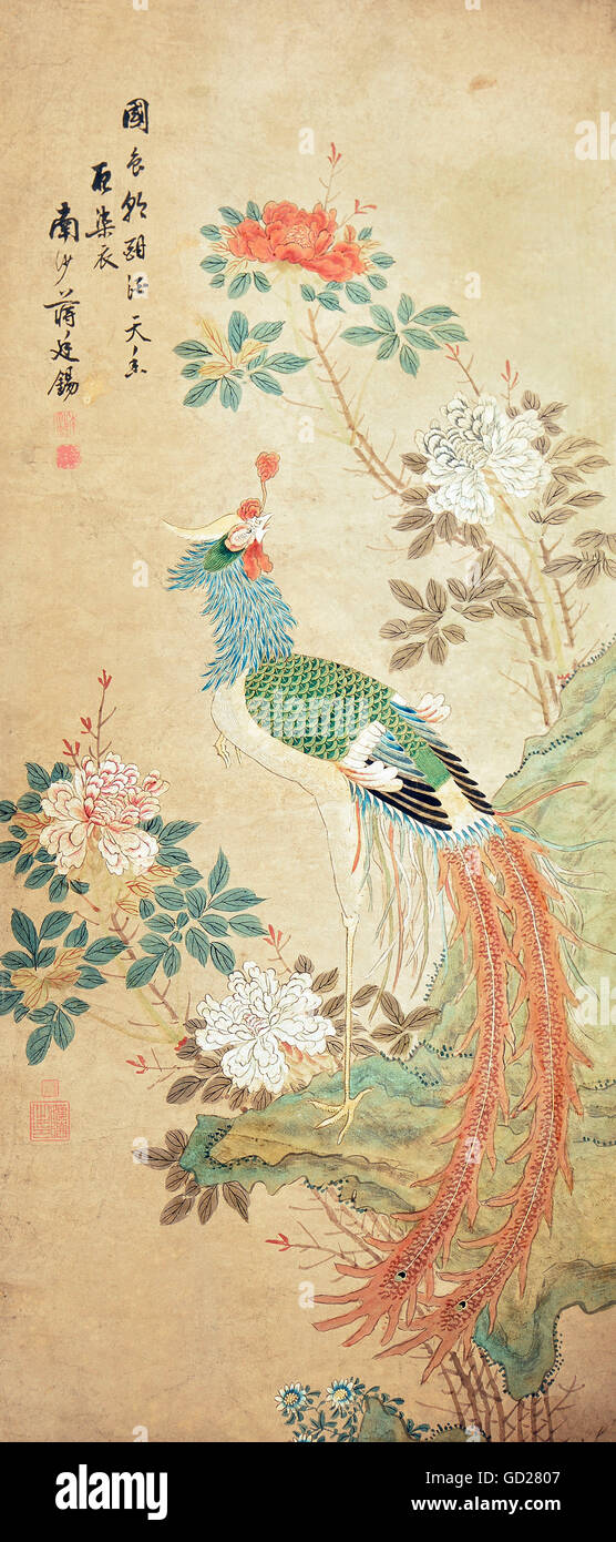 Bildende Kunst, Chiang Ting-Hsi (1669-1732), blättern Sie Malerei auf Papier, "Phoenix und Pfingstrose', 126 x 57 cm, Privatsammlung, Artist's Urheberrecht nicht gelöscht werden Stockfoto