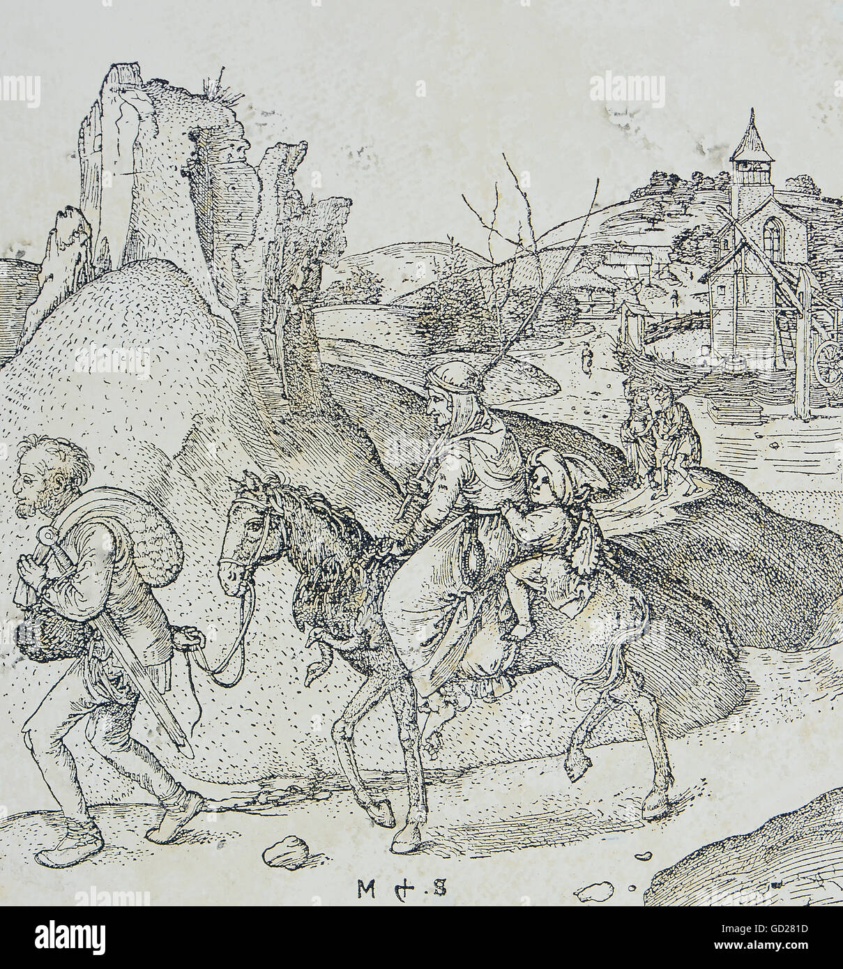 Bildende Kunst, Schongauer, Martin (1446-1491), Drucken, Jenishe auf der Straße, Kupferstich, 15. Jahrhundert, private Sammlung, Artist's Urheberrecht nicht gelöscht werden Stockfoto