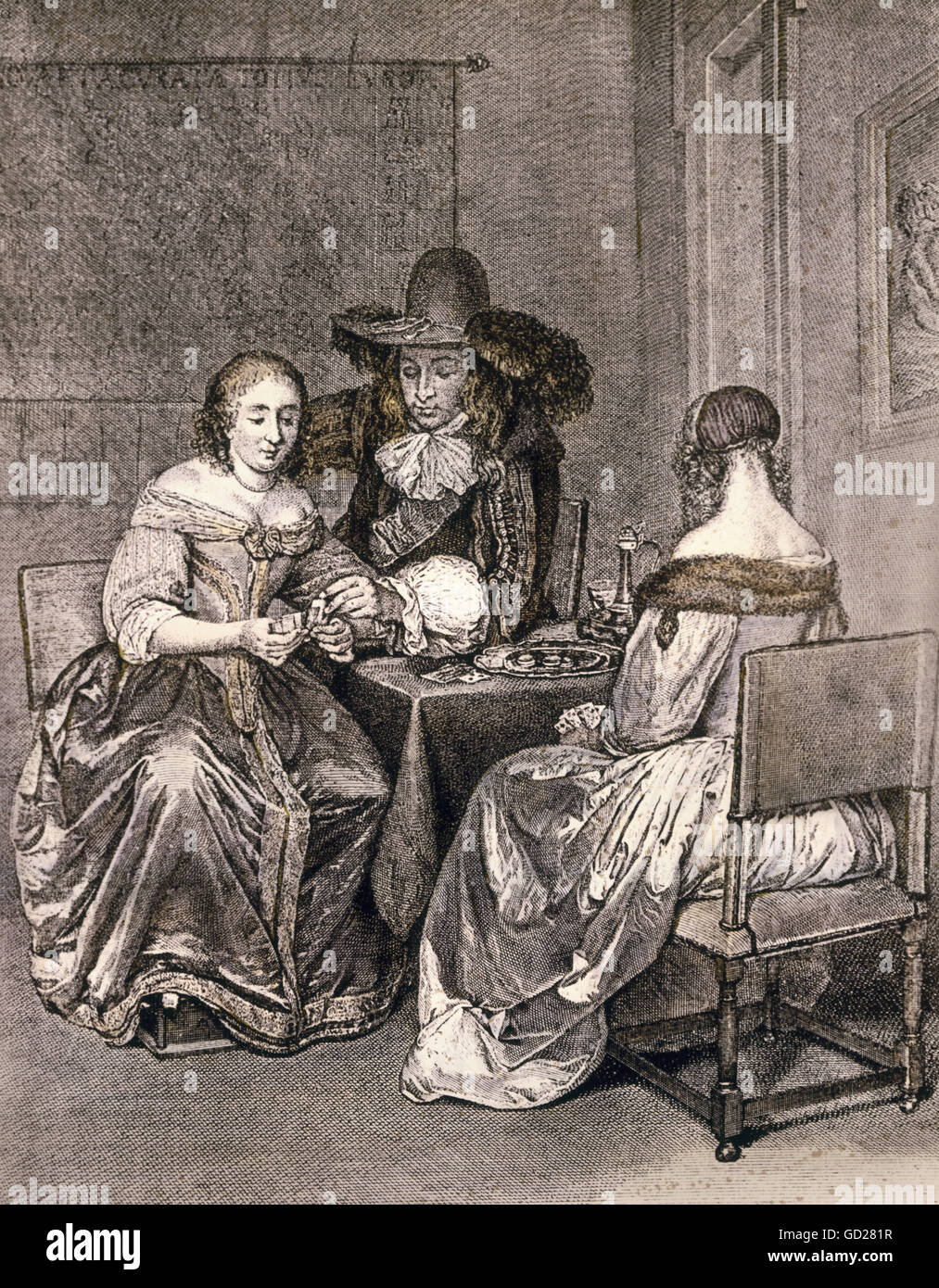 Spiel, Karten, "Das Kartenspiel", Niederländische Kupferstich nach Gerard Ter Borch (1617 - 1681), leicht gefärbt, private Sammlung, Artist's Urheberrecht nicht geklärt zu werden. Stockfoto