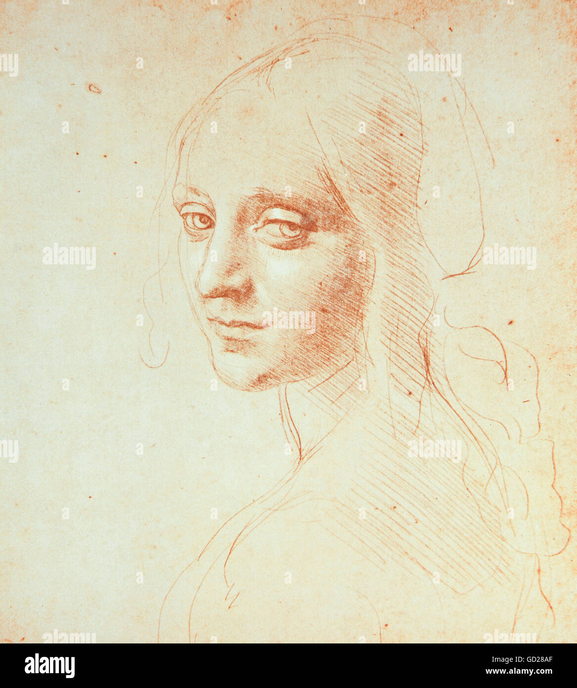 Bildende Kunst, Leonardo da Vinci (1452 - 1519), Zeichnung, Studie für sein Gemälde "Madonna in der Felsengrotte", ca. 1483, Silver Point auf Papier, mit weißer Kreide verstärkt, Höhe 18,2 cm, Königliche Bibliothek von Turin, Artist's Urheberrecht nicht gelöscht werden Stockfoto