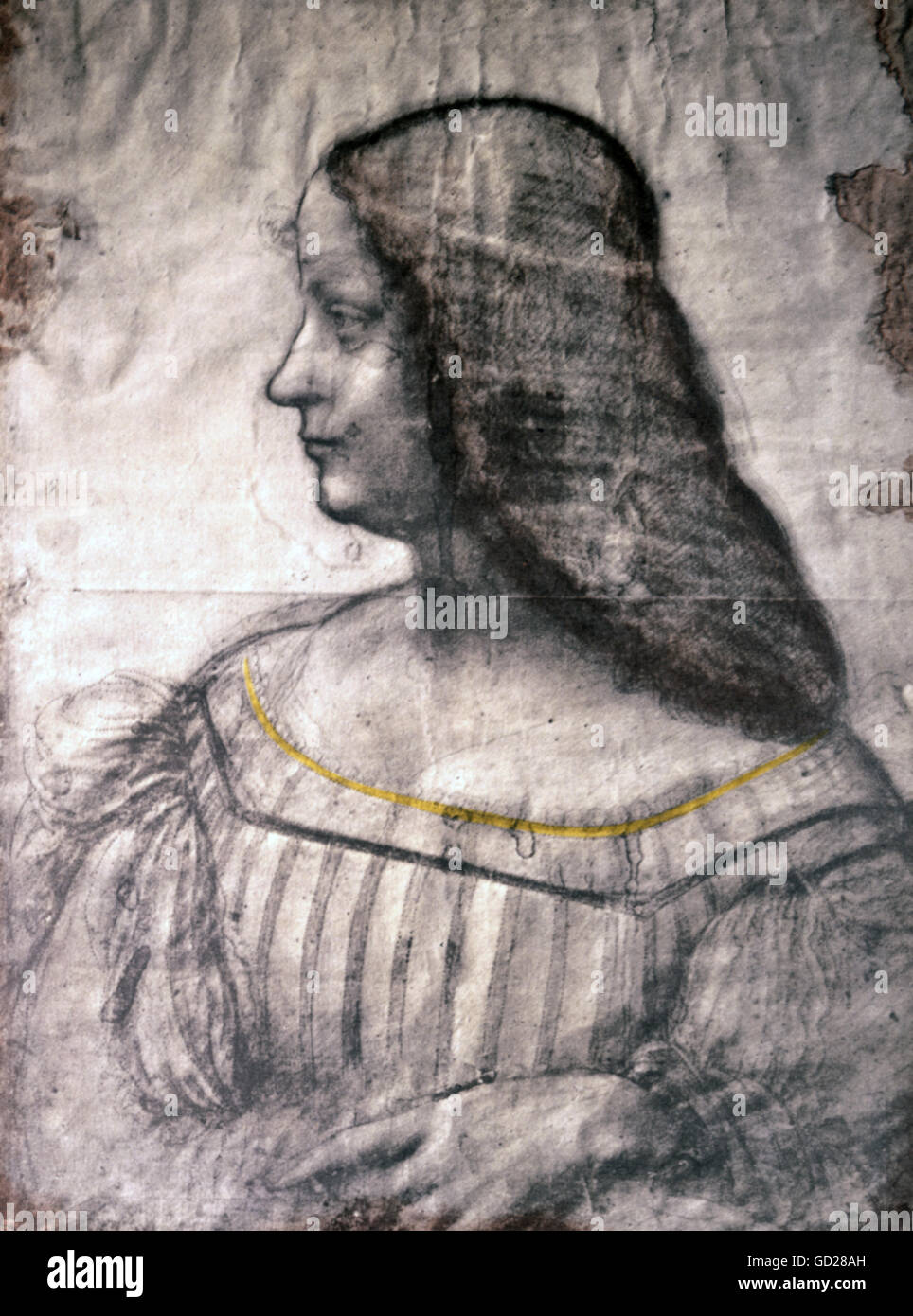 Bildende Kunst, Leonardo da Vinci (1452 - 1519), Zeichnung, portrait Studie für ein Gemälde von Isabella d'Este (1474-1539), Carta Tinta, Papier, mit weißer Kreide erhöhte und leicht farbig, 63 x 46 cm, 1499/1500, Musée du Louvre, Paris, Artist's Urheberrecht nicht gelöscht werden Stockfoto